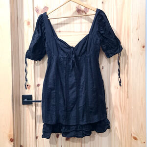 Lulus Black Mini Milkmaid Dress Pleated Lace Ruffle Hem Open Tie Back Size M